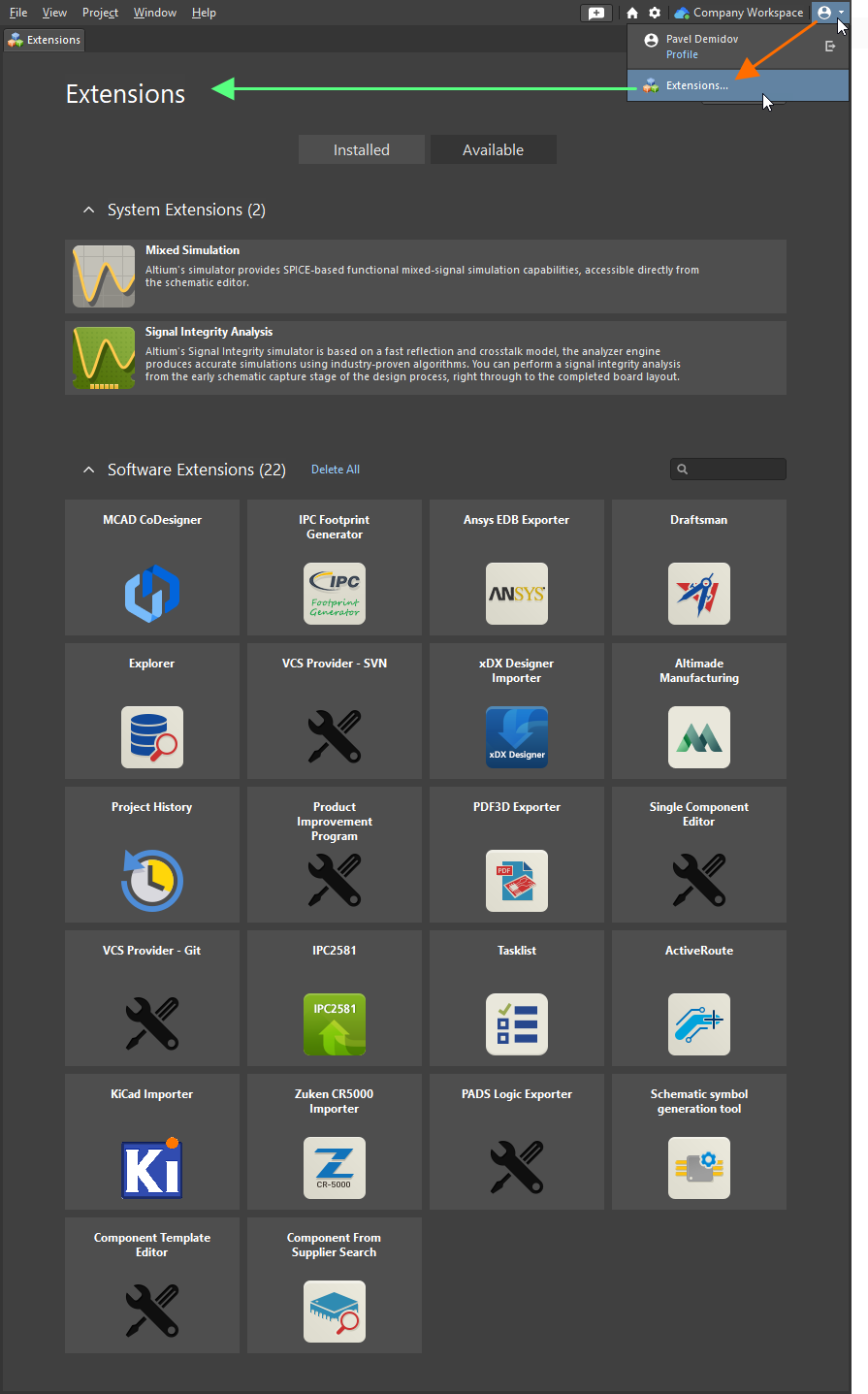 Accessing the Extensions view – command central from which to efficiently manage the functionality available to the software.