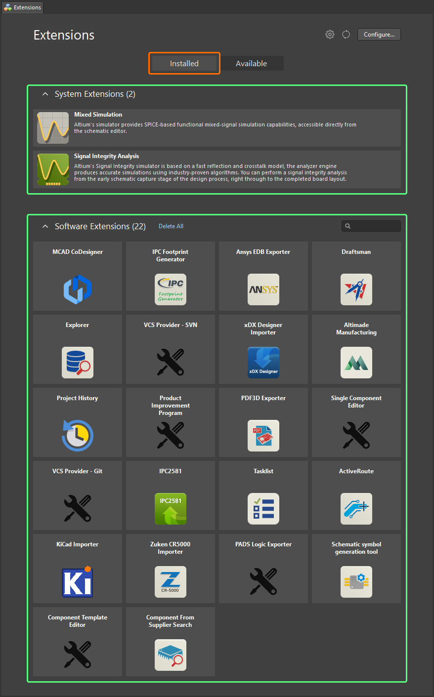 Browse through a listing of currently installed extensions.