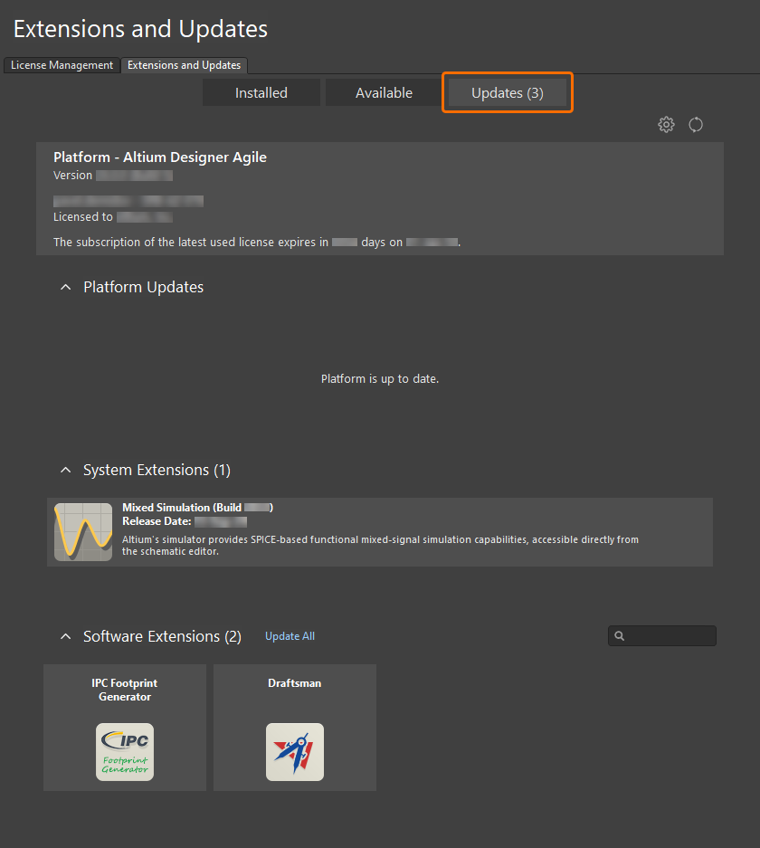 Browse whether any currently installed extensions (or the main platform) have an update available.
