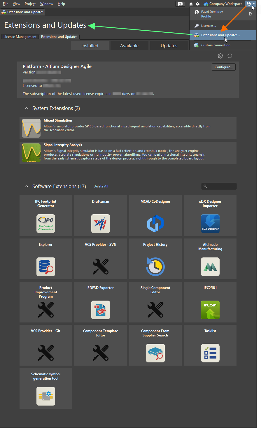 Accessing the Extensions and Updates view – command central from which to efficiently manage the functionality available to the software.