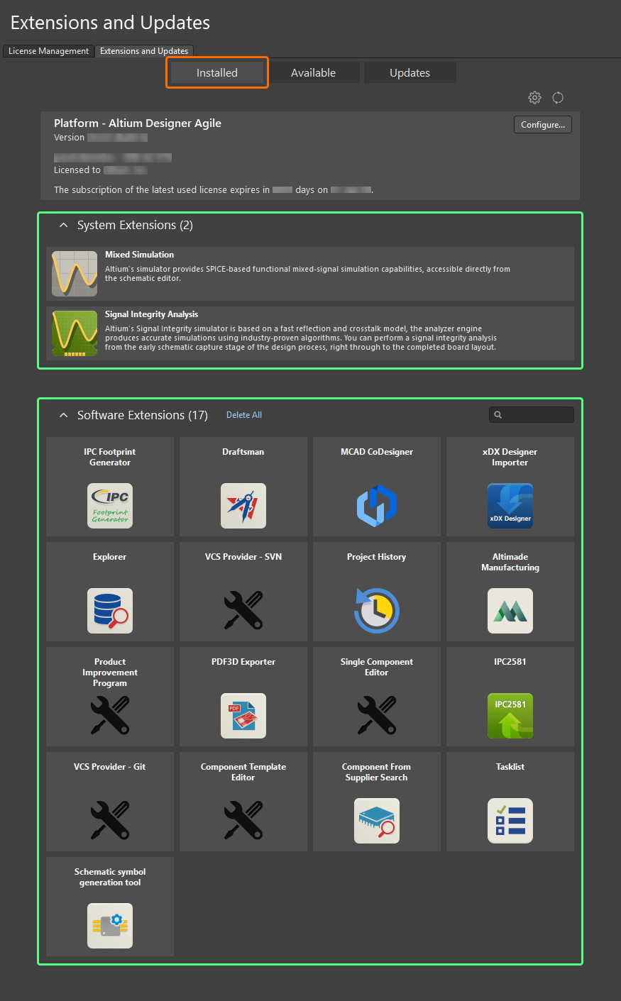 Browse through a listing of currently installed extensions.
