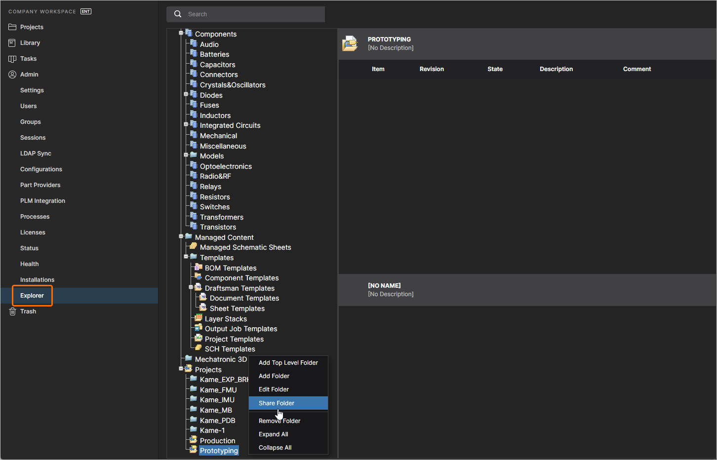 The Explorer page provides detailed control over the Workspace structure and permission settings, including access to the top-level Projects folder. The Explorer page provides detailed control over the Workspace structure and permission settings, including access to the top-level Projects folder.