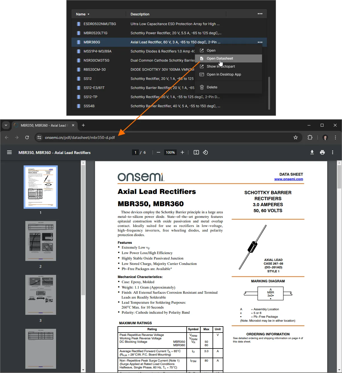 Access the manufacturer datasheet for the selected component, which opens on a separate browser tab.