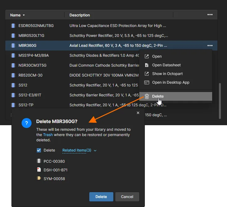 Delete a component directly from the Components page. This is a 'soft delete', with the component (and any related items as applicable and permitted) moved to the Trash.