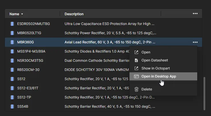 Open a component in Altium Designer's Components panel directly from the Components page. Open a component in Altium Designer's Components panel directly from the Components page.