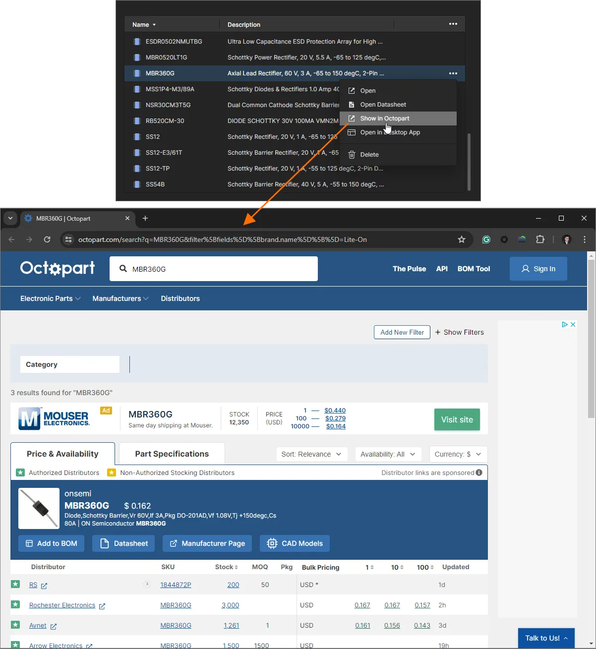 Access the page on the Octopart site for the selected component, which opens on a separate browser tab.