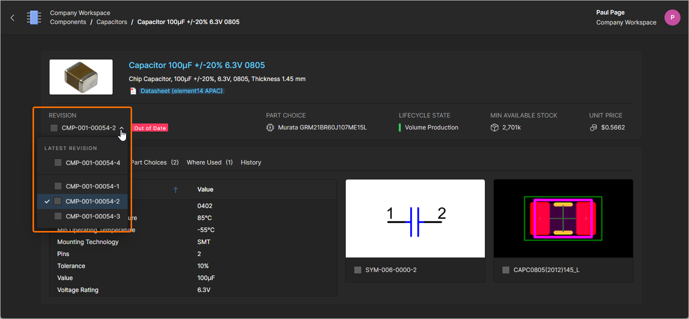 Use the revision drop-down menu to select and view an earlier revision of the current component, which will be classed as out of date.