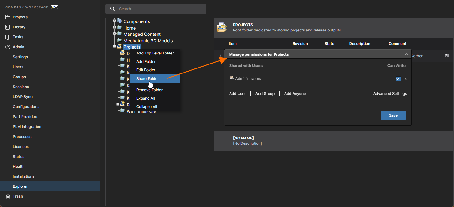 The Projects folder is the Workspace's top level folder, accessible to administrators only. Create a permission-controlled folder hierarchy below this level to manage access for Workspace members.