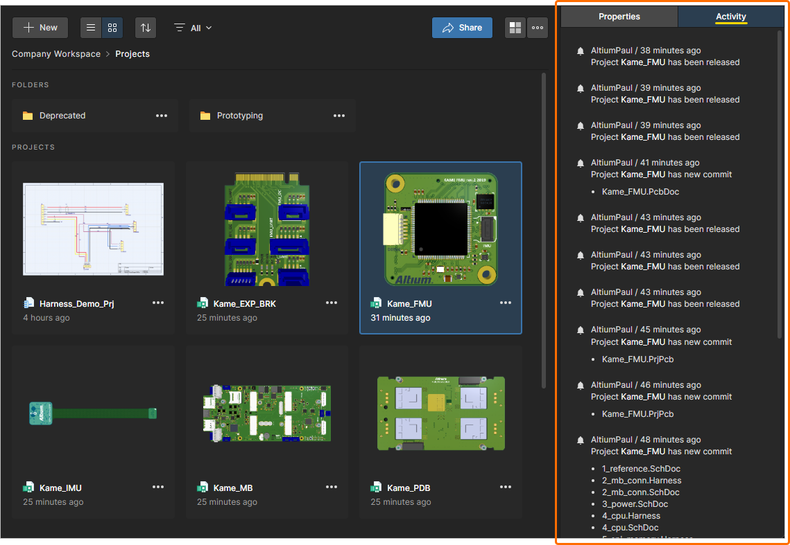 Access a history of events that have taken place for the currently selected project on the Activity pane.