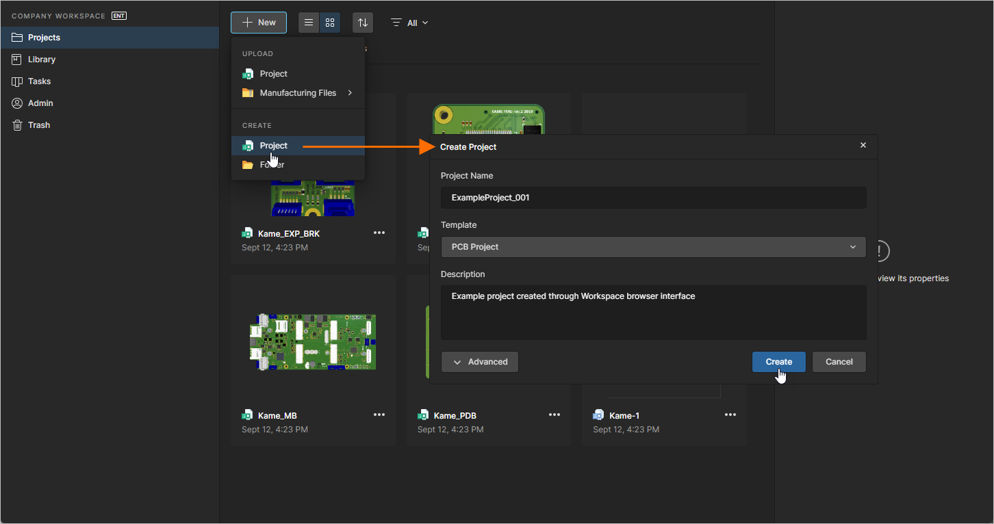 Creating a new project through the Workspace browser interface.