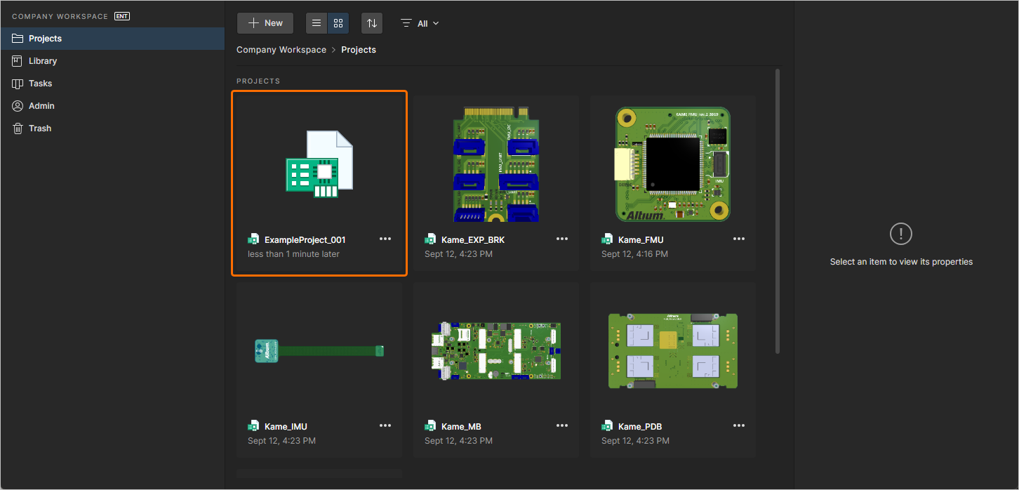 The newly-created project, evident back on the Projects page of the Workspace browser interface.