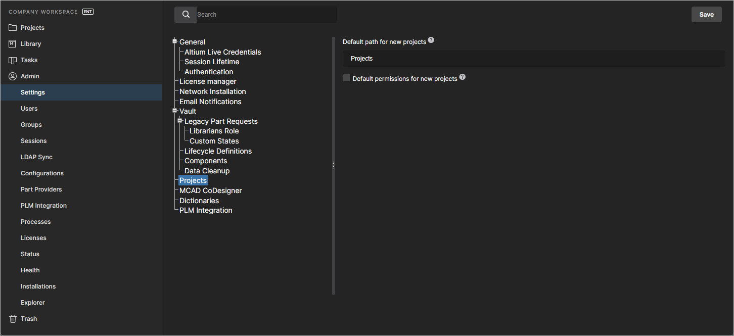 Manage the default location for new projects from the Admin area of the Workspace browser interface.