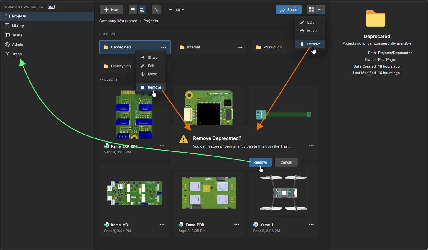Deleting a project folder – sending it to the isolated Trash area for the Workspace. Deleting a project folder – sending it to the isolated Trash area for the Workspace.