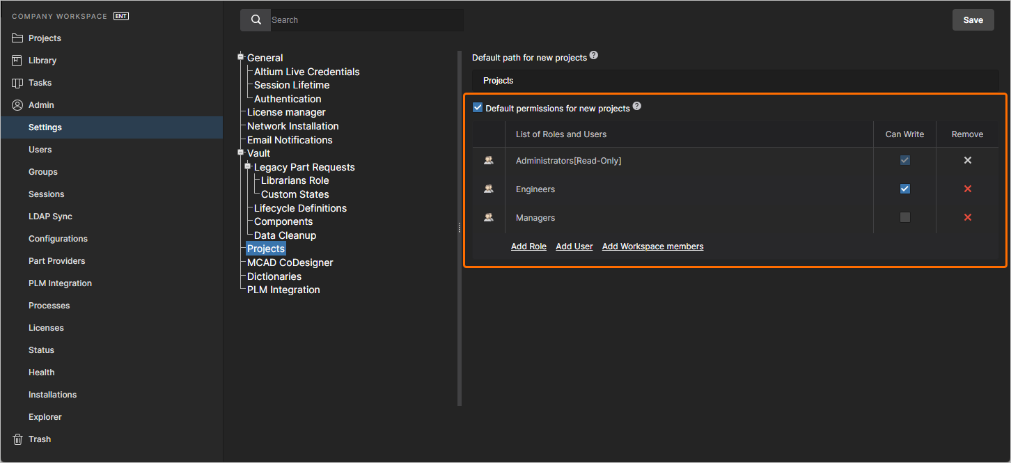 Specify a default set of access permissions for new projects from the Admin area of the Workspace browser interface.