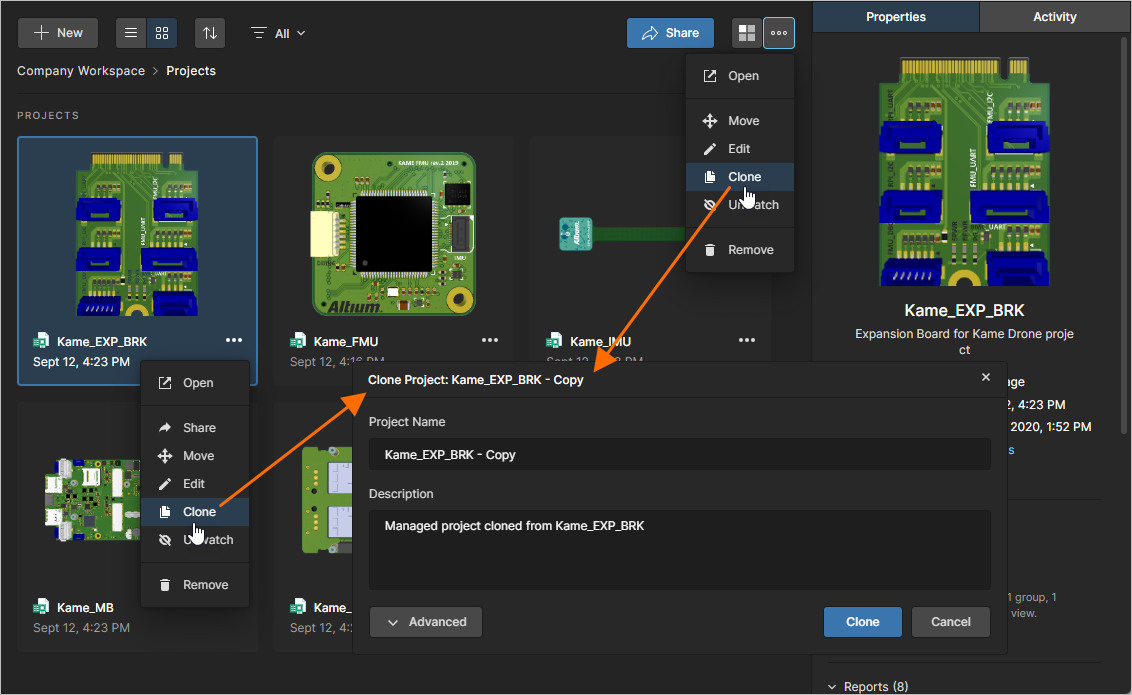 You can clone a project to create an identical copy of it, along with its working files. You can clone a project to create an identical copy of it, along with its working files.