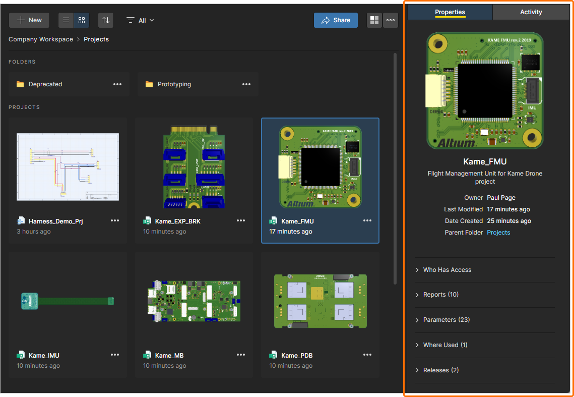 Access more detailed information for the currently selected project on the Properties pane.