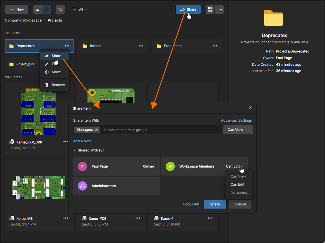 The Share Item window allows for additions and modifications of the share permissions that apply to the selected folder.
