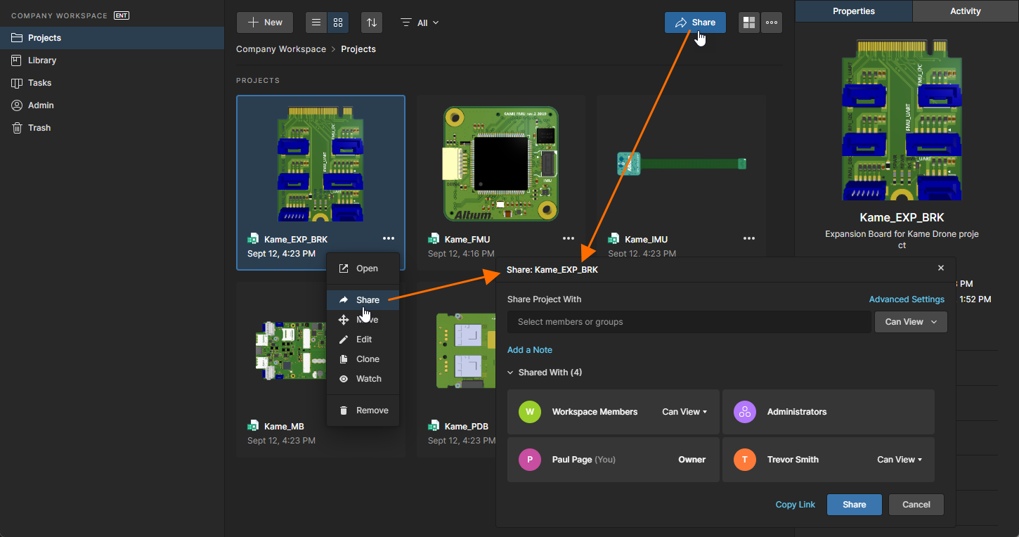 With your design projects centrally managed in a Workspace, sharing with others is simply a case of managing each project's permissions. With your design projects centrally managed in a Workspace, sharing with others is simply a case of managing each project's permissions.