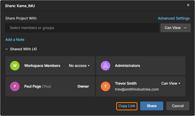 Obtain a direct link to the project, the use of which is governed by the existing sharing permissions in the Sharing window.