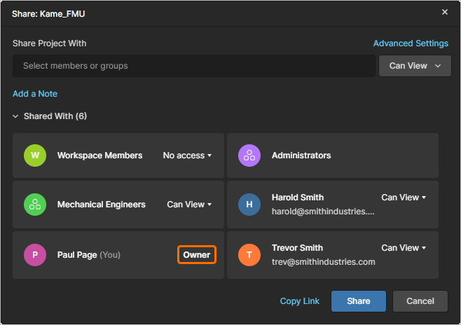 The Share window indicates the current project Owner and provides the option to transfer ownership to another Workspace member.