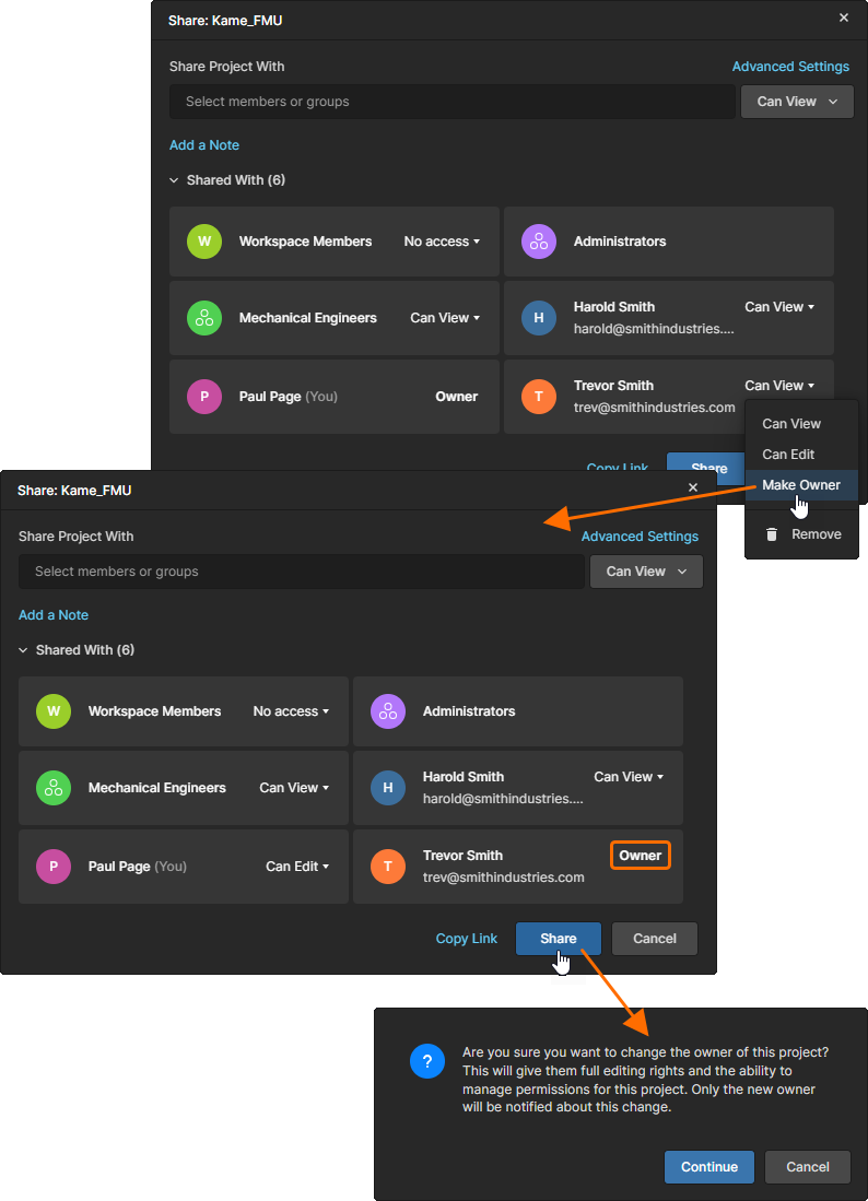 Transfer project ownership to a different Workspace member with the Make Owner option from the permissions drop-down menu. Transfer project ownership to a different Workspace member with the Make Owner option from the permissions drop-down menu.