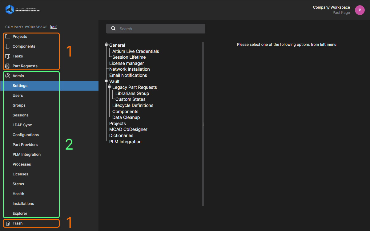 全体のブラウザーインターフェースは、Enterprise Serverのすべてのユーザーが一般的にアクセスできる要素と、Enterprise Server管理者のみがアクセスできる要素という2つの明確なセットに分けることができます。