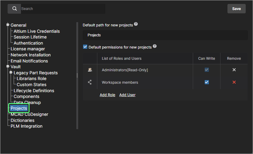 An administrator can define the default settings for newly created projects. Initially, the path is set to Projects and the Default permissions option is disabled.