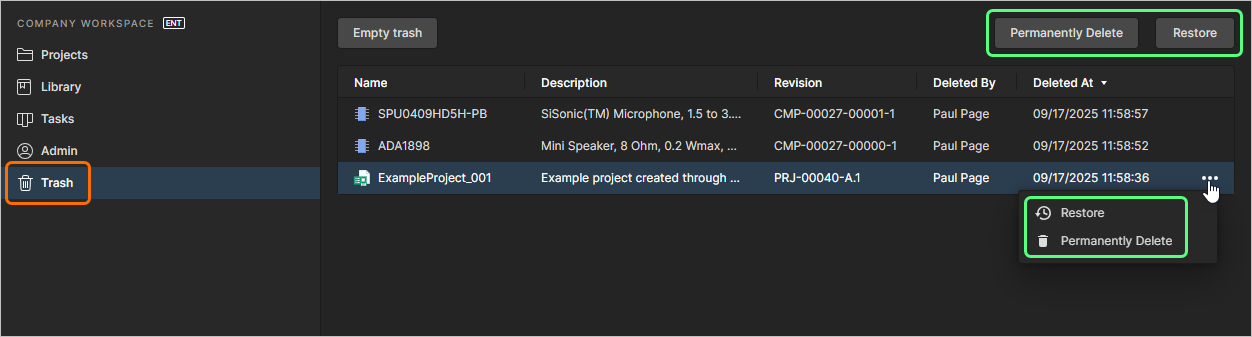 Select an item, then decide whether to fully restore it for use again or to permanently delete it (a 'hard delete' if you will). Select an item, then decide whether to fully restore it for use again or to permanently delete it (a 'hard delete' if you will).