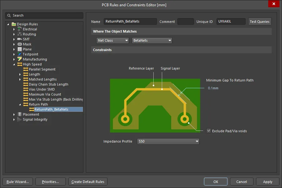 The return path layers are defined in the selected Impedance Profile, and the path width (beyond the signal edge) is defined by the Minimum Gap.