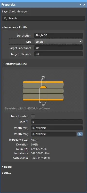 The Simbeor impedance calculator calculates the width(s) required to achieve the specified impedance.
