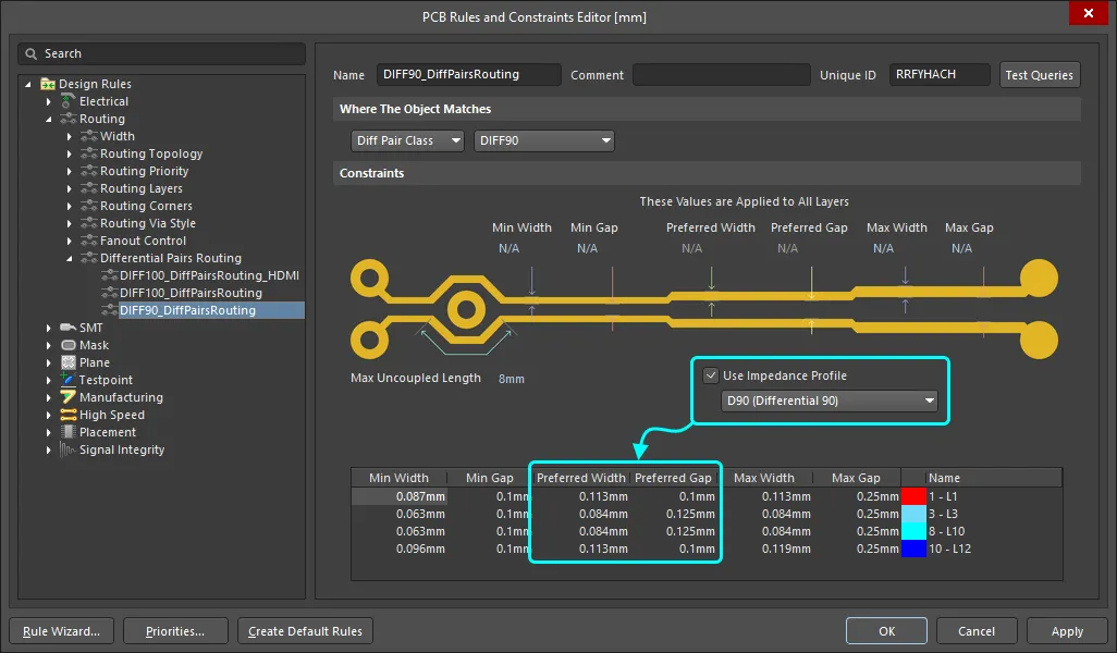 For a differential pair, the available layers, the Preferred Width and the Preferred Gap are controlled by the selected profile.