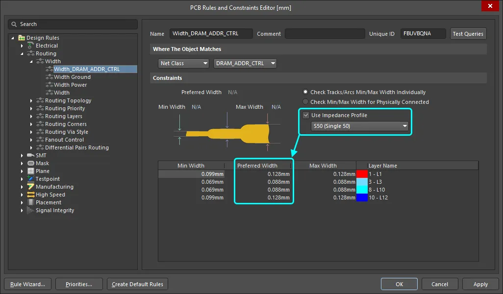 When you choose to Use an Impedance Profile, the available layers and Preferred Widths are controlled by the selected profile.