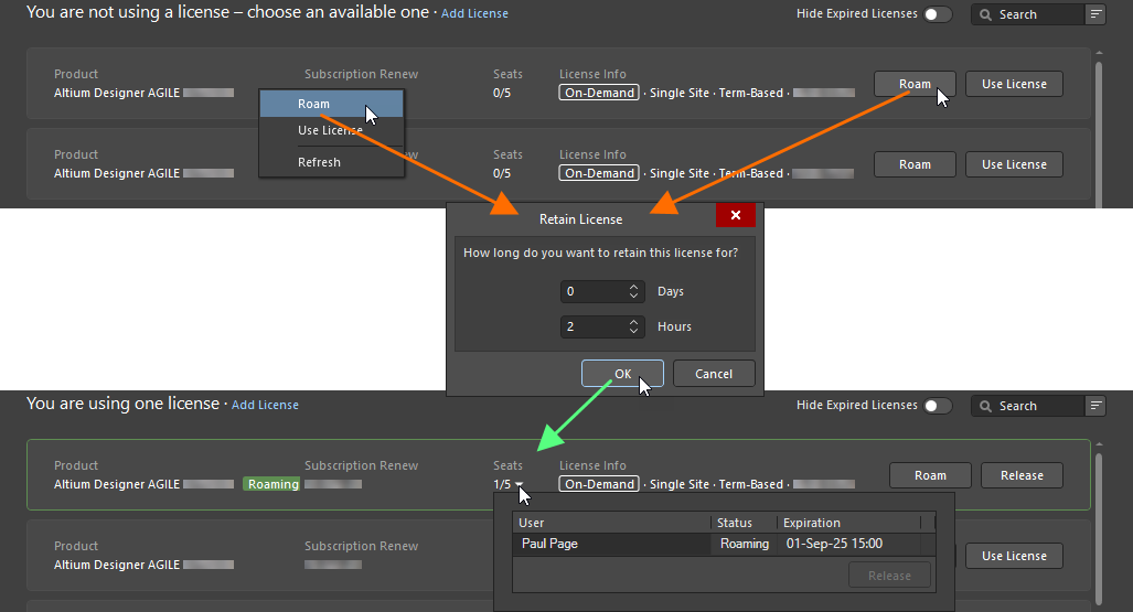 To use an On-Demand license in roaming mode, use the Roam option.