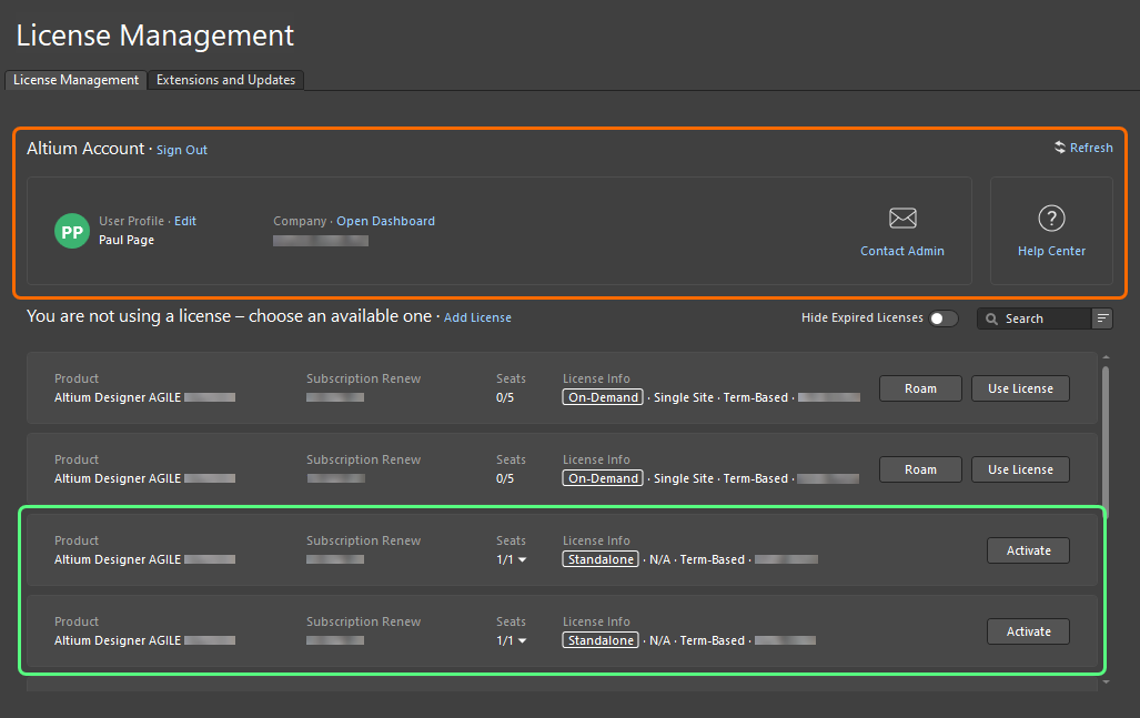 When signed in, the Standalone licenses available for you will be presented in the License Management view.