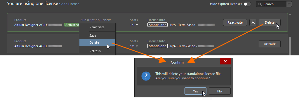To deactivate a Standalone license, use the Delete option.