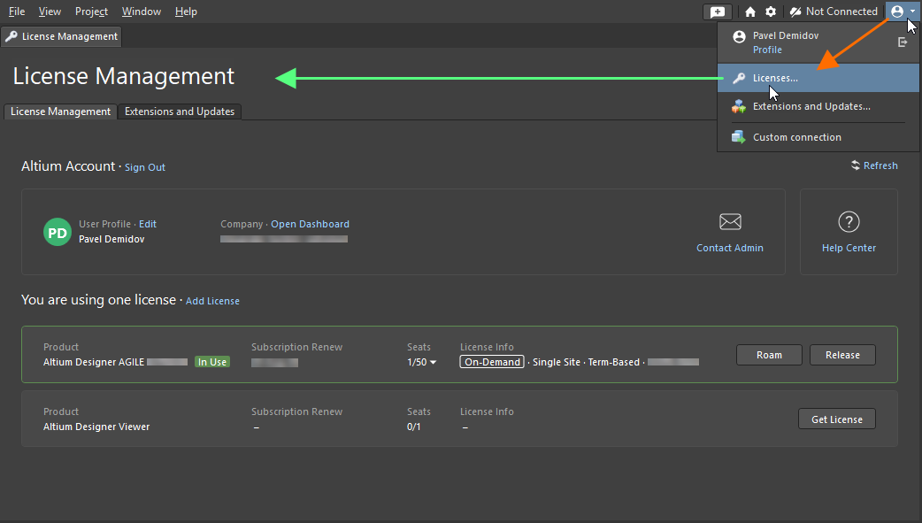 Access the License Management view from the Current User control menu.