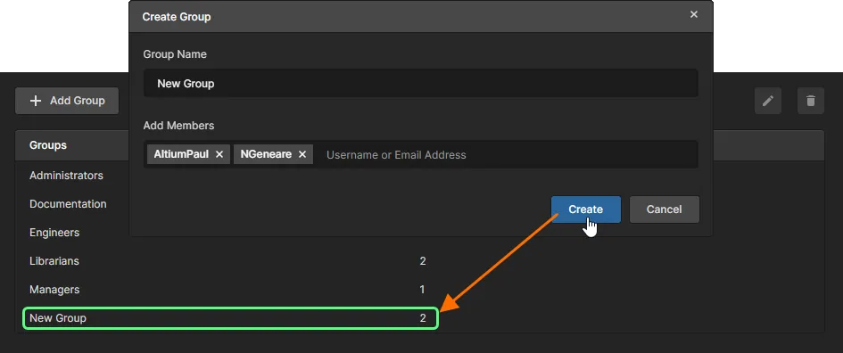 An example new group added to the list of groups available for the Workspace.