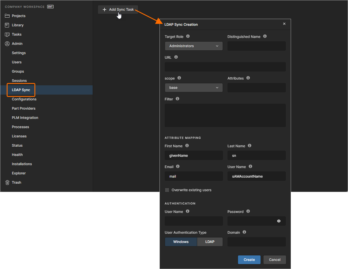 Adding an LDAP Sync task through the Workspace's browser interface.