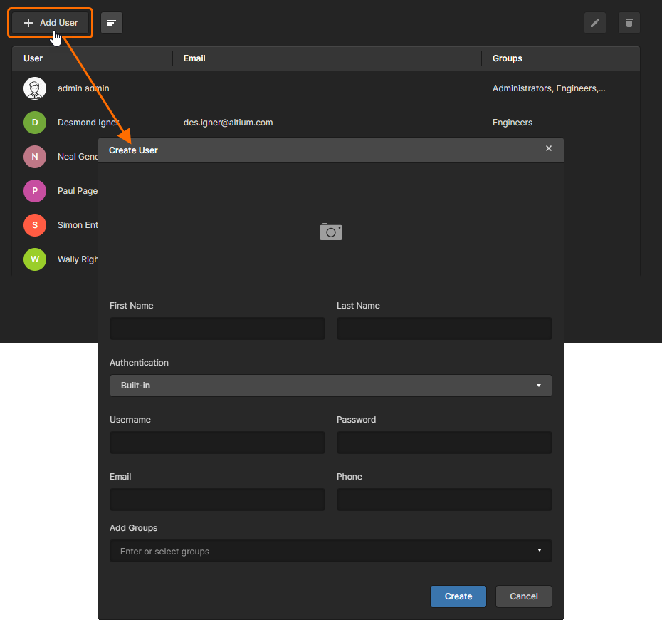 When you click to add a new user you will be presented with a window in which to specify that user and their group membership.