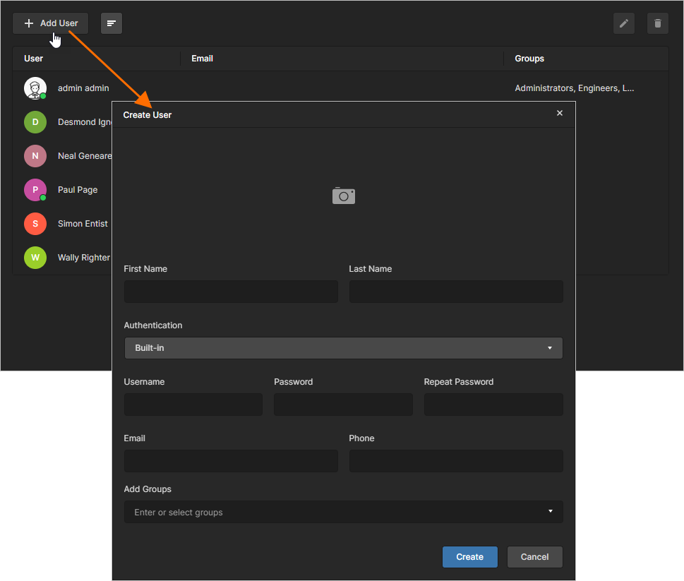 When you click to add a new user you will be presented with a window in which to specify that user and their group membership.