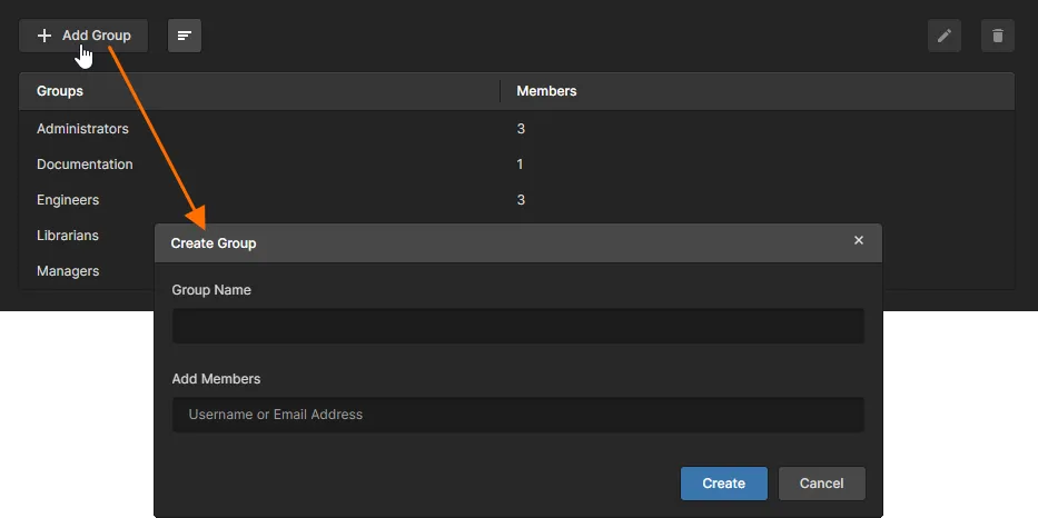 When you click to add a new group, you will be presented with a window in which to specify that group and its members.