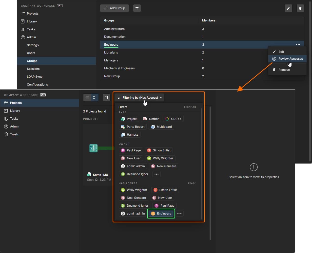 Review projects to which members of a group have access. Review projects to which members of a group have access.