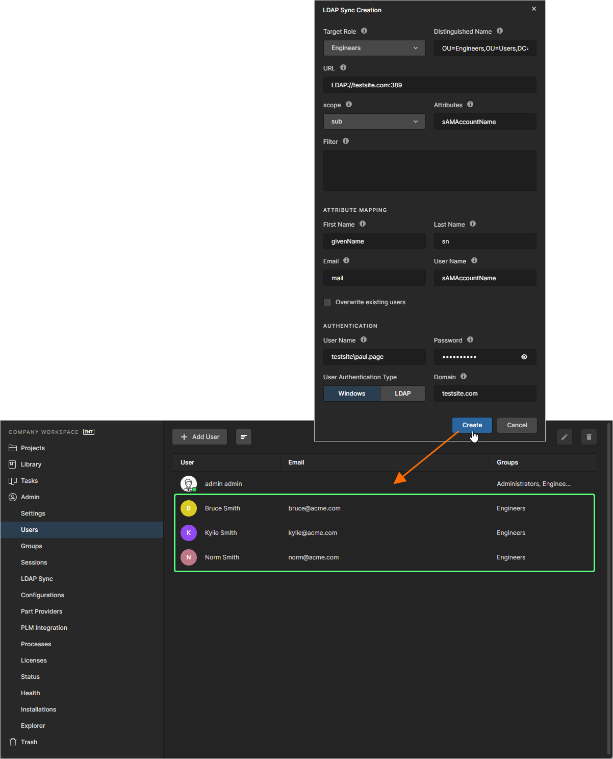 Example population of users for the Workspace through use of an LDAP Sync task.