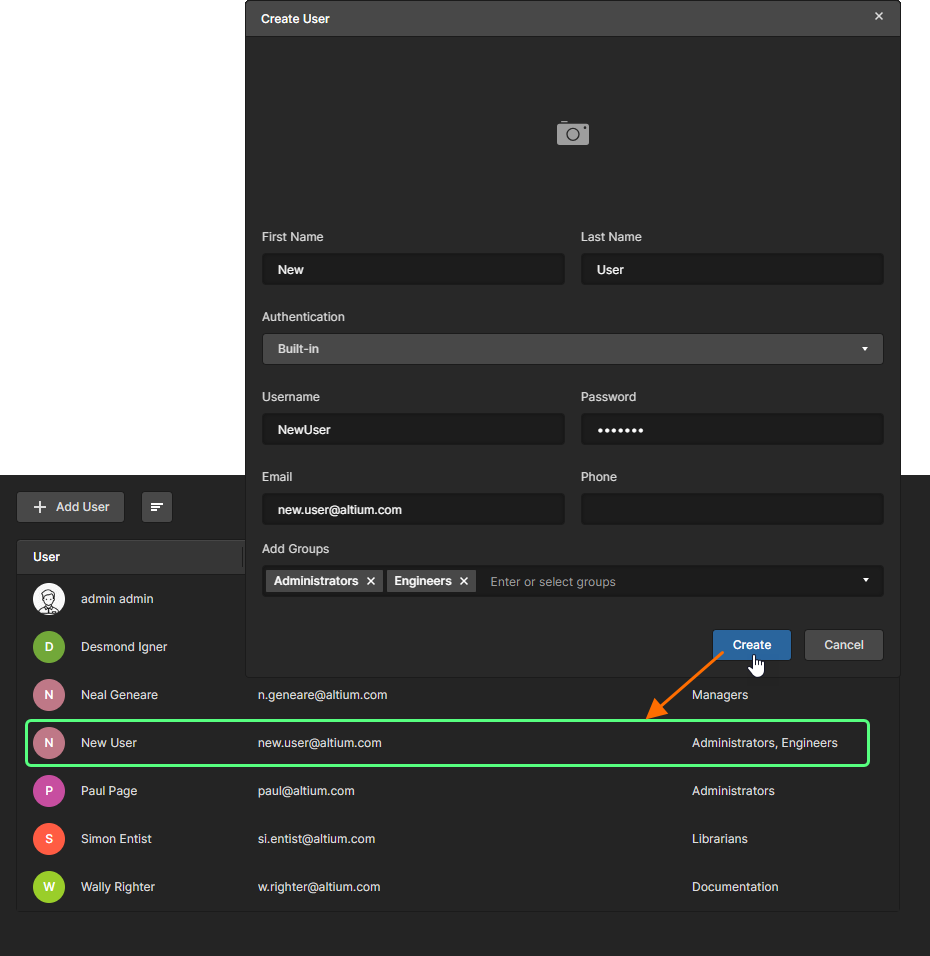 An example new user added to the list of users who can access the Workspace.