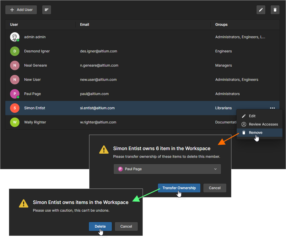 If required, specify a user that will become the new owner of the Items currently owned by the user to be removed.
