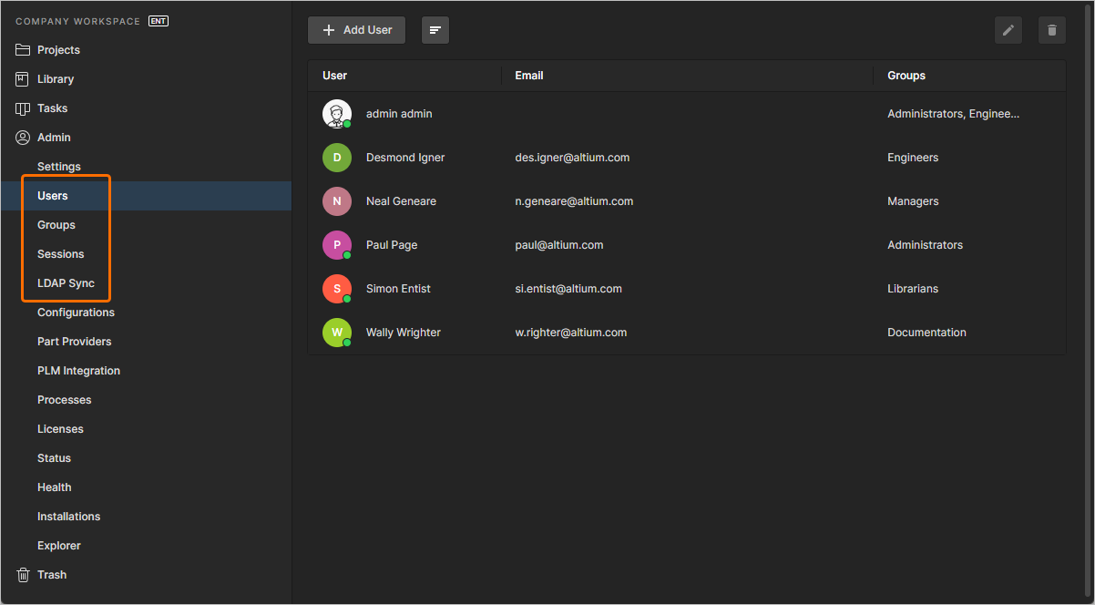 User management is performed by an Administrator through the Admin area of the Workspace's browser interface.