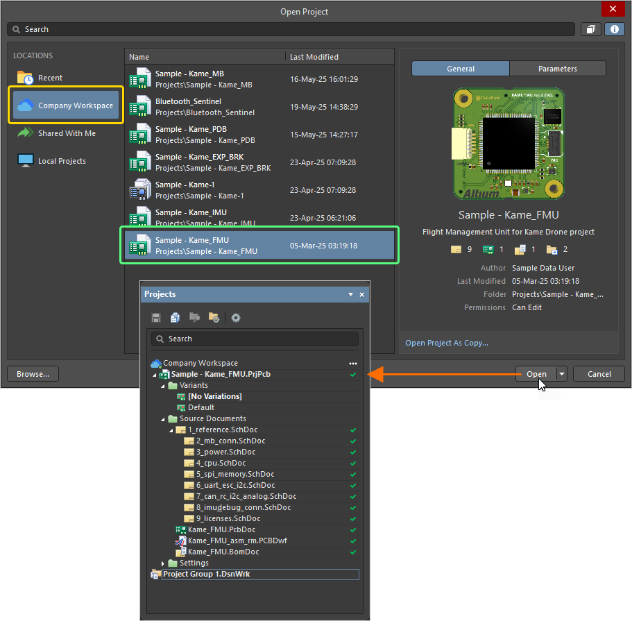 Obtain a local copy of a project by opening it (essentially, checking it out of your connected Workspace) Obtain a local copy of a project by opening it (essentially, checking it out of your connected Workspace)