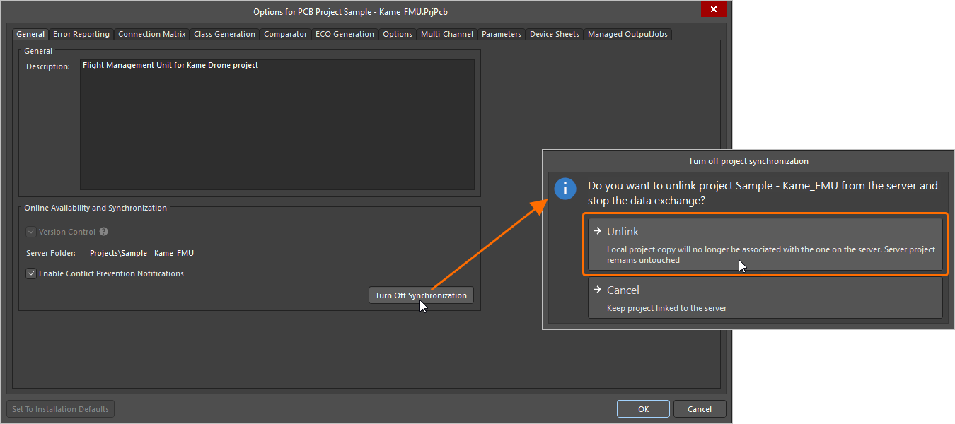 You can sever the connection between your local project and the incarnation of it made available in the Workspace. You can sever the connection between your local project and the incarnation of it made available in the Workspace.