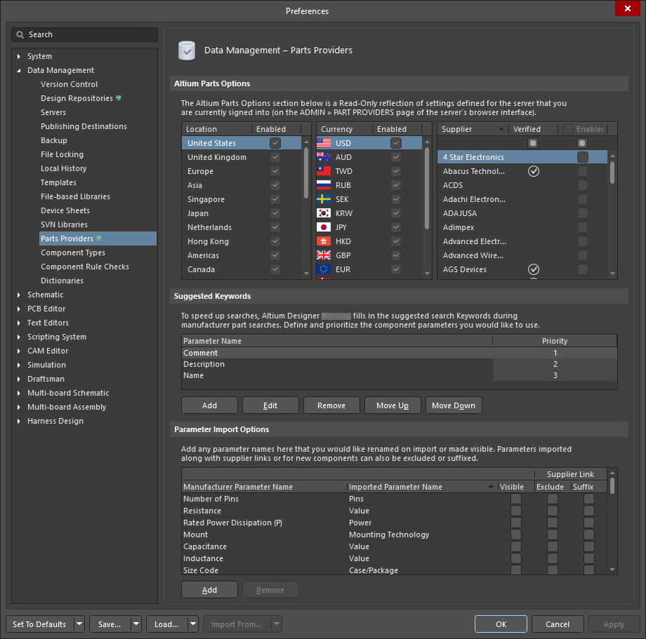 Configure options relating to the feature to link to Supplier data, as part of your Altium Designer preferences. Configure options relating to the feature to link to Supplier data, as part of your Altium Designer preferences.
