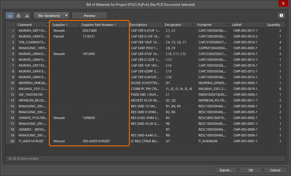 A simple BOM Report will show supplier data parameters for components that include Supplier Links.